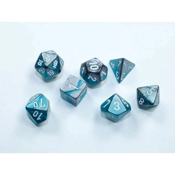 Dice - Chessex 7 Polyhedrals - Gemini Mini-hedral Steel-Teal/White Set