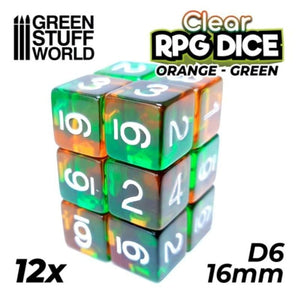 Greenstuff World Dice GSW - Dice D6 16mm Color ORANGE/GREEN Clear (12pc pack)