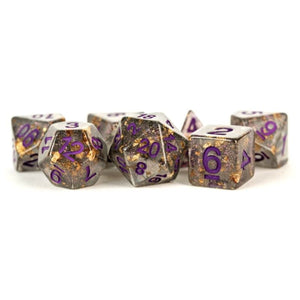 Metallic Dice Games Dice Dice - Resin Polyhedral - Gray w/ Gold Foil w/ Purple Numbers (MDG)