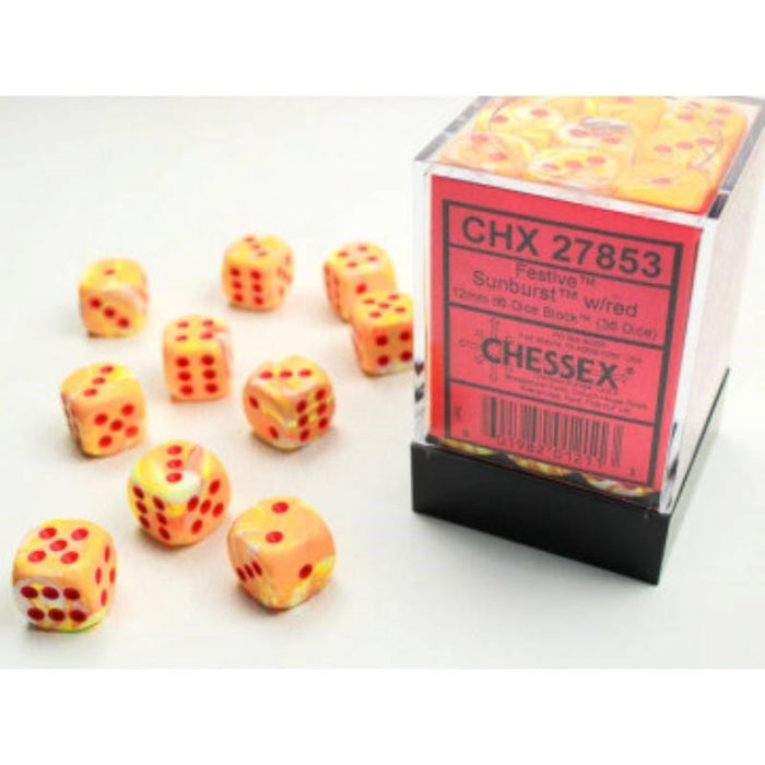 Dice - Chessex 12mm 36 D6 Festive Sunburst/Red