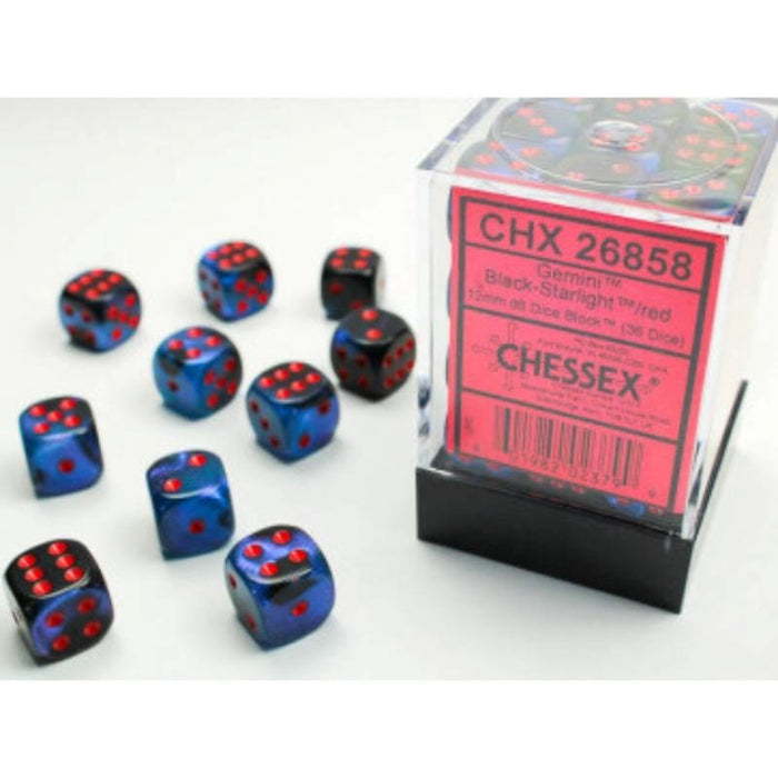 Dice - Chessex 12mm 36 D6 Gemini Black-Starlight/Red
