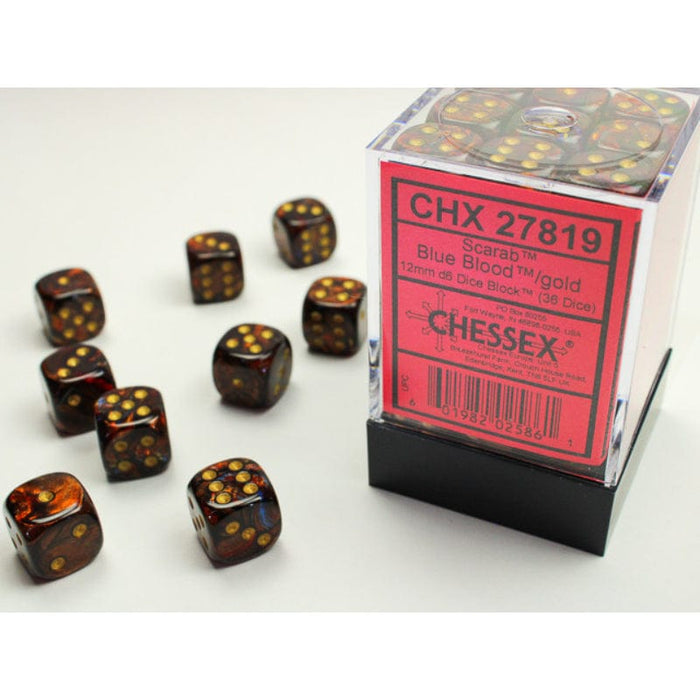Dice - Chessex 12mm 36 D6 - Scarab Blue Blood/Gold