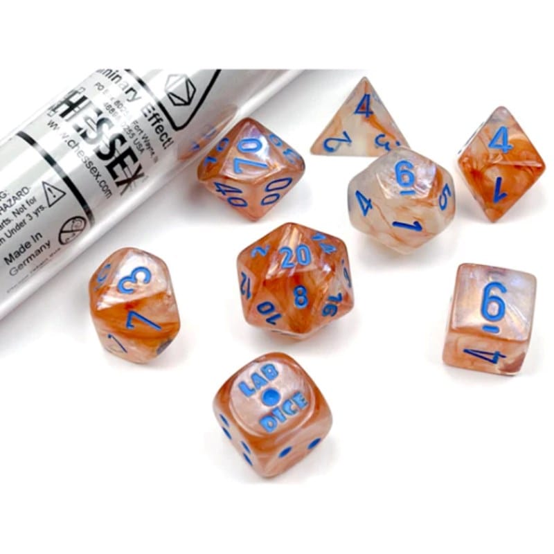 Chessex Dice Dice - Chessex 7 Polyhedrals - Borealis Rose Gold/Light Blue Luminary (Tube with Bonus Die)