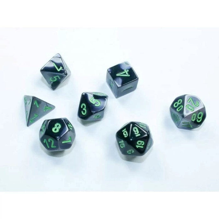 Dice - Chessex 7 Polyhedrals - Gemini Mini-hedral Black-Grey/Green Set