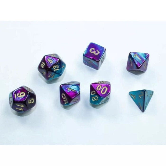 Dice - Chessex 7 Polyhedrals - Gemini Mini-hedral Purple-Teal/Gold Set