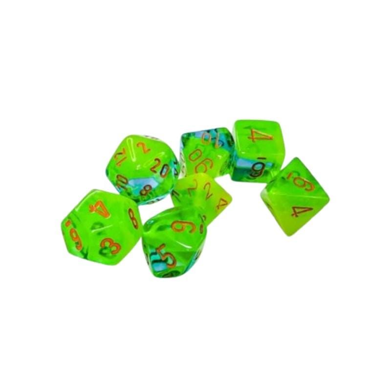Chessex Dice Dice - Chessex 7 Polyhedrals - Gemini Plasma Green-Teal/Orange Luminary Set