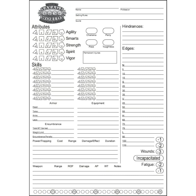 Pinnacle Entertainment Roleplaying Games Savage Worlds - Tear-Away Character Sheet Pad