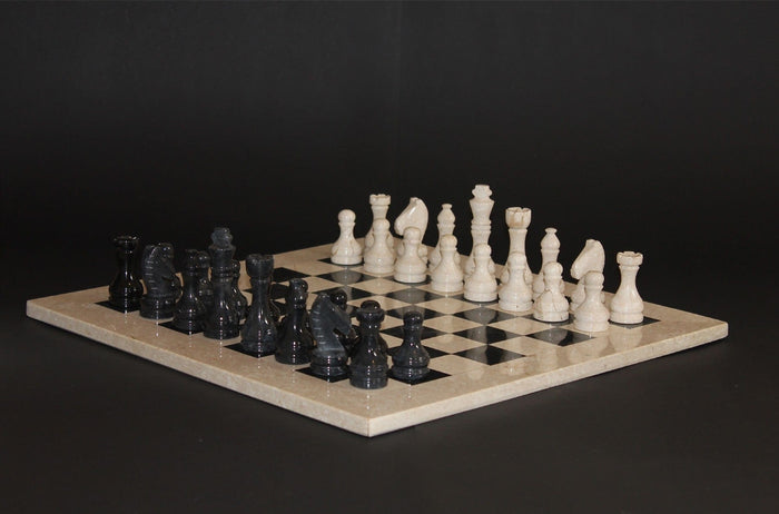 Chess Set - Marble 16" Cream/Black (Velvet Case)