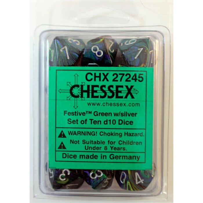Chessex Dice - 10D10 - Festive Green/Silver