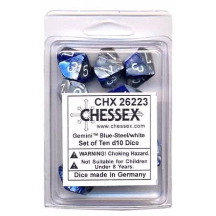 Chessex Dice - 10D10 - Gemini Blue-Steel/White