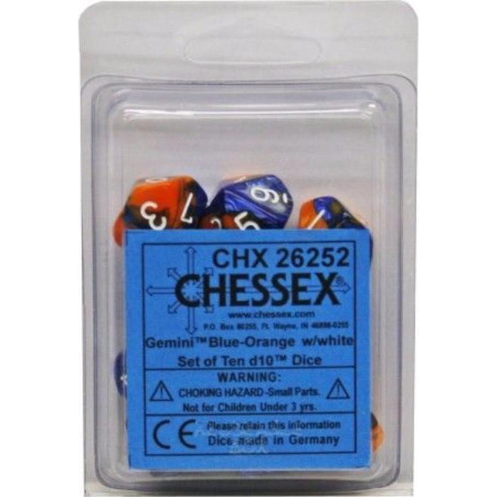 Chessex Dice - 10D10 - Gemini Polyhedral Blue-Orange/White
