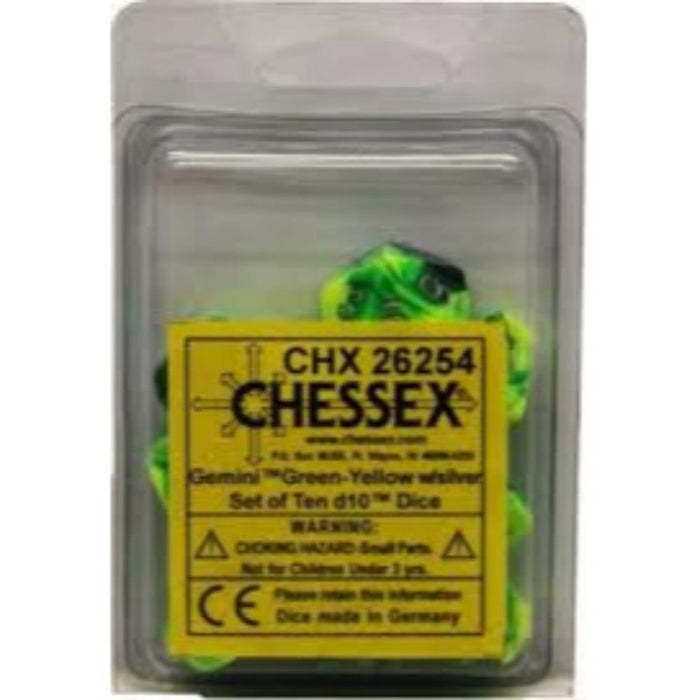 Chessex Dice - 10D10 - Gemini Polyhedral Green-Yellow/Silver