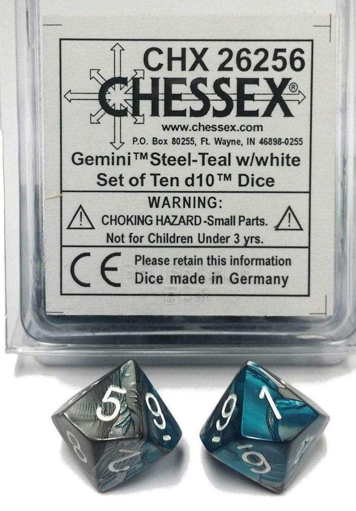 Chessex Dice - 10D10 - Gemini Polyhedral Steel-Teal/White