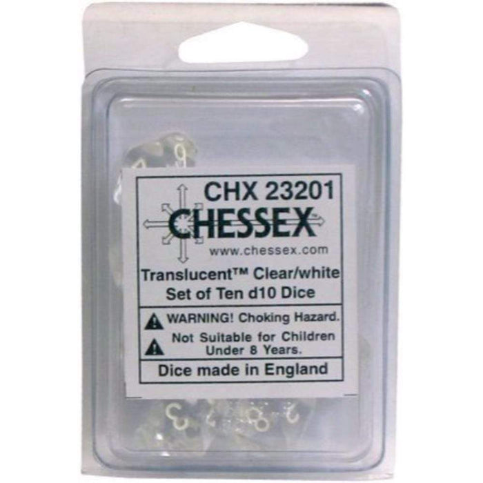 Chessex Dice - 10D10 - Translucent Clear/White