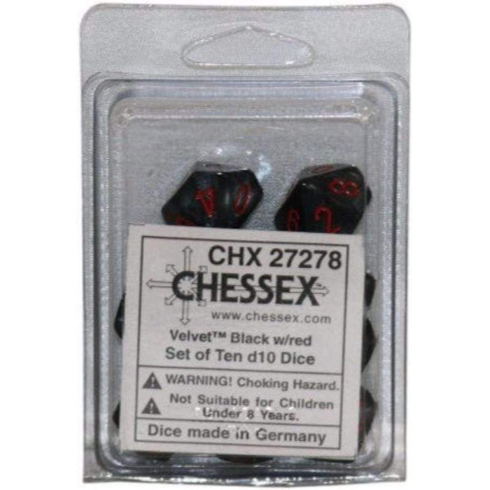 Chessex Dice - 10D10 - Velvet Black/red