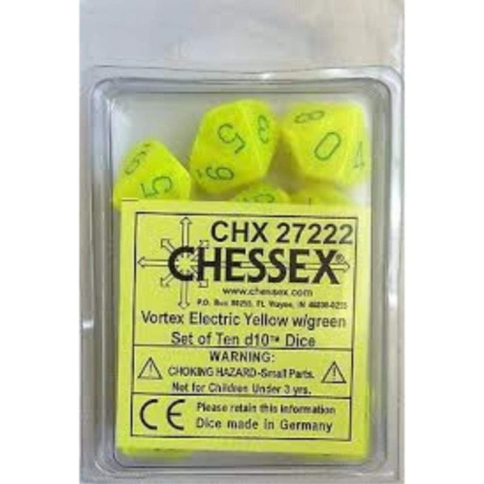 Chessex Dice - 10D10 - Vortex Bright Electric Yellow/Green