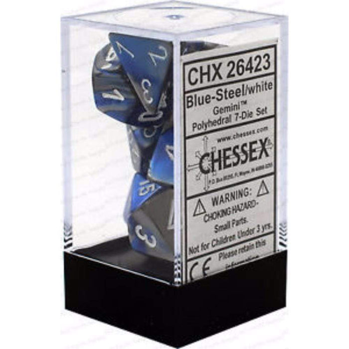 Chessex Polyhedral Dice - 7D Set - Gemini Blue Steel/White