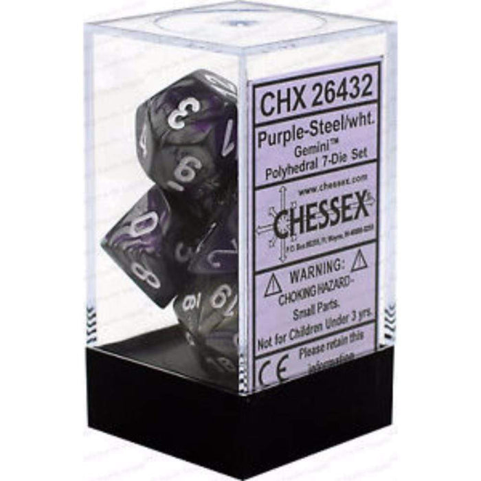Chessex Polyhedral Dice - 7D Set - Gemini Purple Steel/White