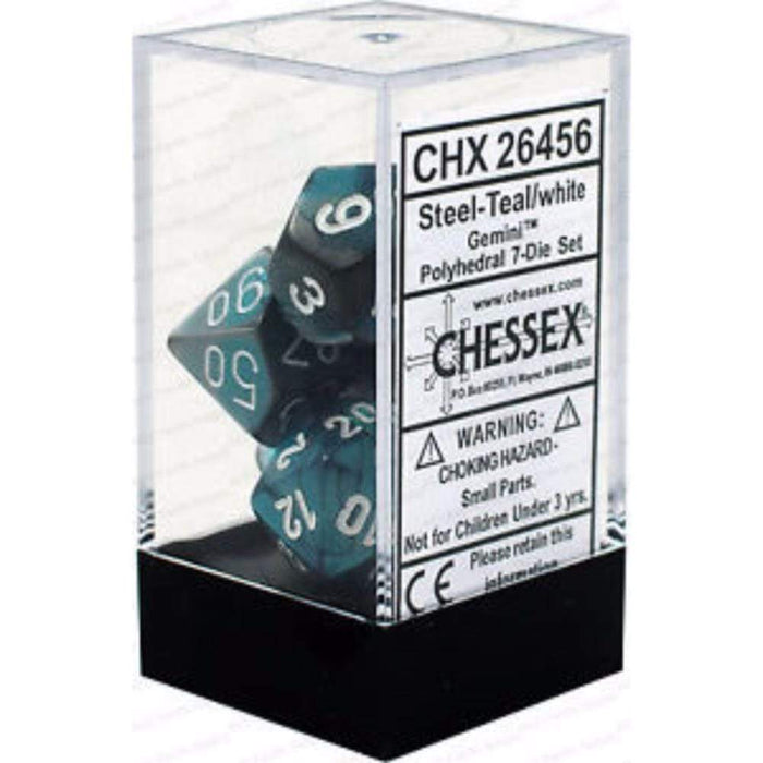 Chessex Polyhedral Dice - 7D Set - Gemini Steel-Teal/White