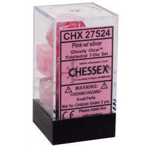 Chessex Dice Chessex Polyhedral Dice - 7D Set - Ghostly Glow Polyhedral Pink with Silver