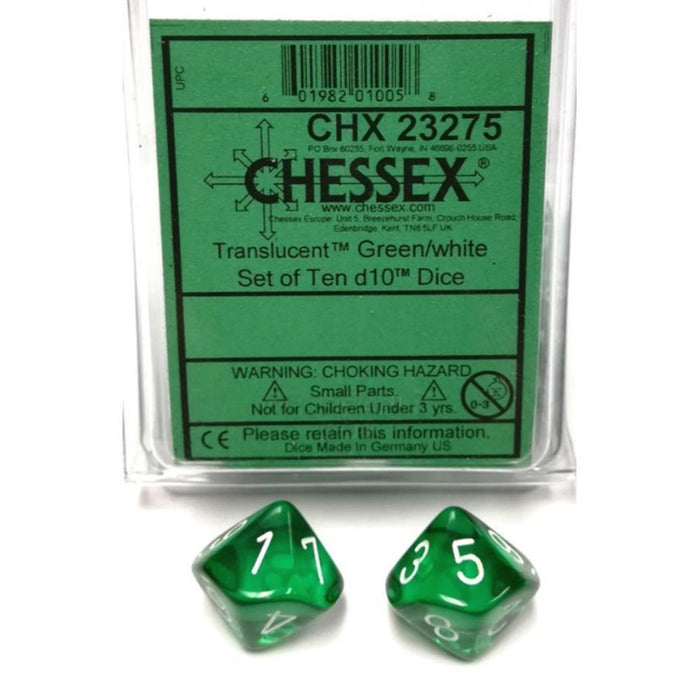 Dice - Chessex 10 D10 - Translucent Green/White Set