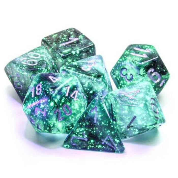 Dice - Chessex 7 Polyhedrals - Borealis Light Smoke/Silver Set  (Glow in the Dark)
