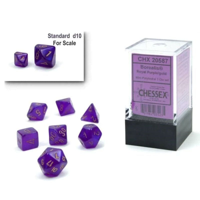 Dice - Chessex 7 Polyhedrals - Borealis Mini Royal Purple/Gold Luminary
