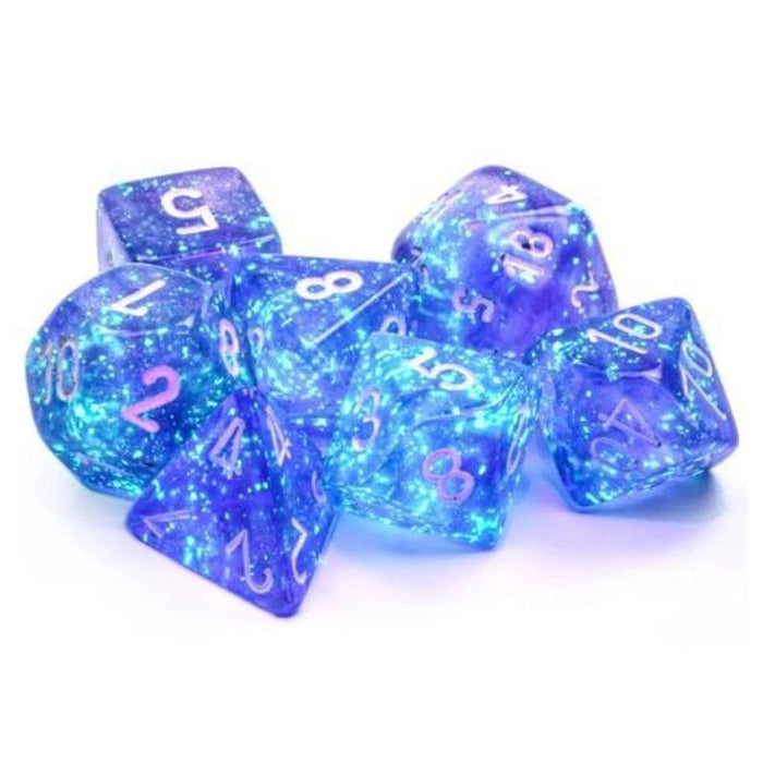 Dice - Chessex 7 Polyhedrals - Borealis Purple/White Set  (Glow in the Dark)