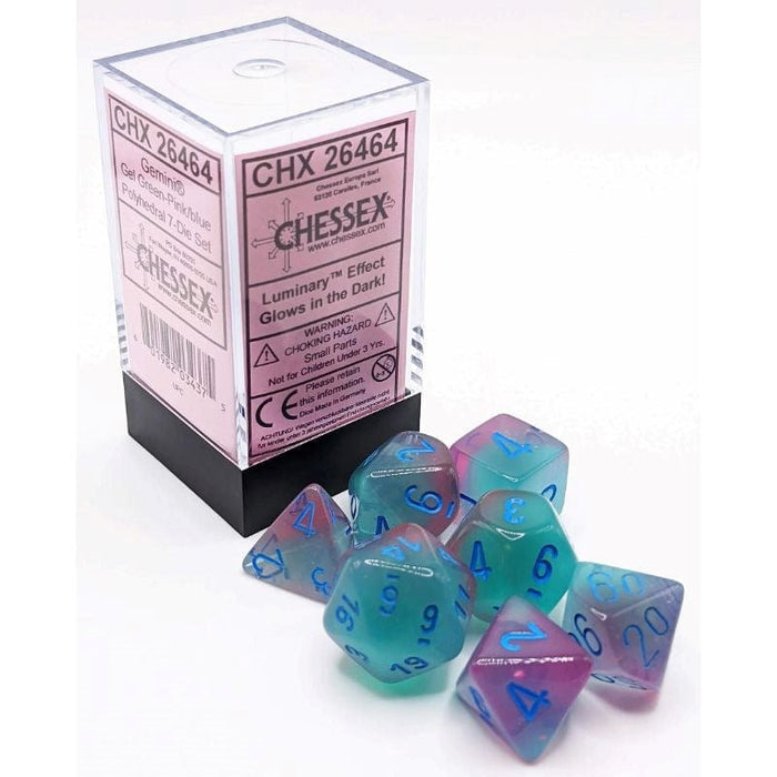 Dice - Chessex 7 Polyhedrals - Gemini Luminary - Gel Green-Pink/Blue