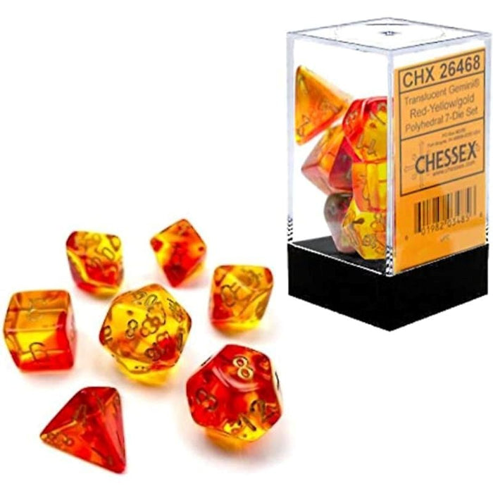 Dice - Chessex 7 Polyhedrals - Gemini Luminary - Translucent Red-Yellow/Gold