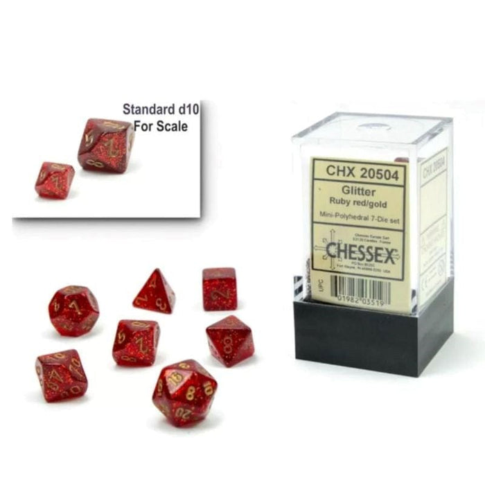 Dice - Chessex 7 Polyhedrals - Glitter Mini Ruby Red/Gold