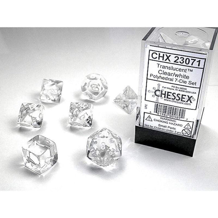 Dice - Chessex 7 Polyhedrals - Translucent Clear / White Set