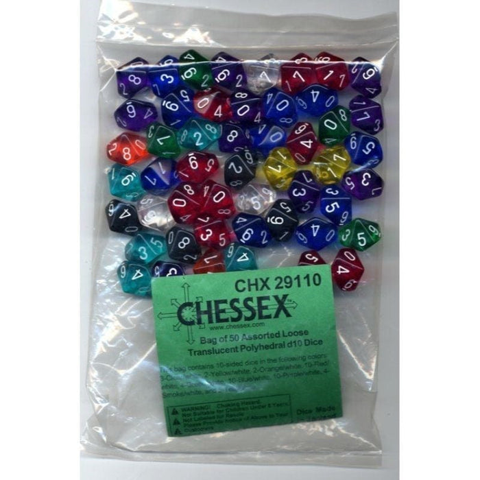 Dice - Chessex Bulk Bag - 50 Assorted Translucent D10