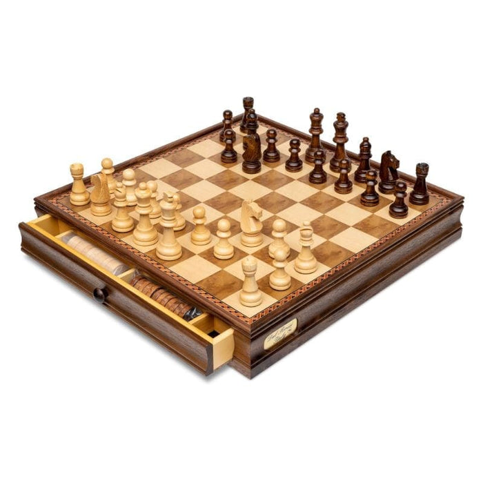 Chess Board - Walnut Box W/ Drawers 15” (Dal Rossi)