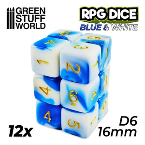 Greenstuff World Dice GSW - D6 16mm Dice - Blue White (12pc Pack)