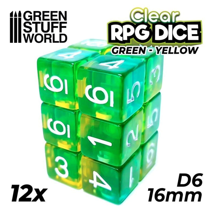 GSW - D6 16mm Dice - Clear Green/Yellow (12pc Pack)