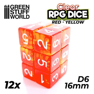 Greenstuff World Dice GSW - D6 16mm Dice - Clear Red/Yellow (12pc Pack)