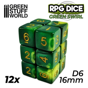 Greenstuff World Dice GSW - D6 16mm Dice - Green Swirl (12pc Pack)