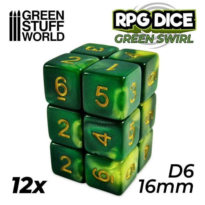 GSW - D6 16mm Dice - Green Swirl (12pc Pack)