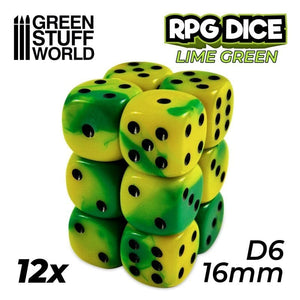 Greenstuff World Dice GSW - D6 16mm Dice - Lime Marble (12pc Pack)