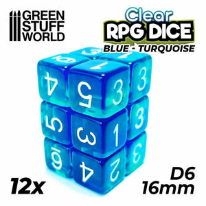 Greenstuff World Dice GSW - Dice D6 16mm Color BLUE/TURQUOISE Clear (12pc pack)