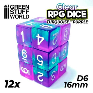 Greenstuff World Dice GSW - Dice D6 16mm Color TURQUOISE/PURPLE Clear (12pc pack)