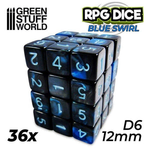 Greenstuff World Dice GSW - Number D6 - 12mm Blue/Black Marble (36pc)