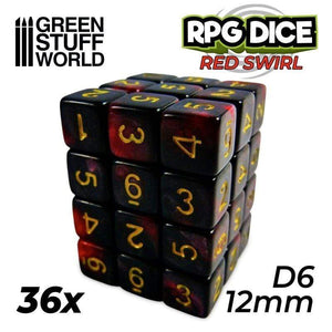 Greenstuff World Dice GSW - Number D6 - 12mm Red/Black Marble (36pc)