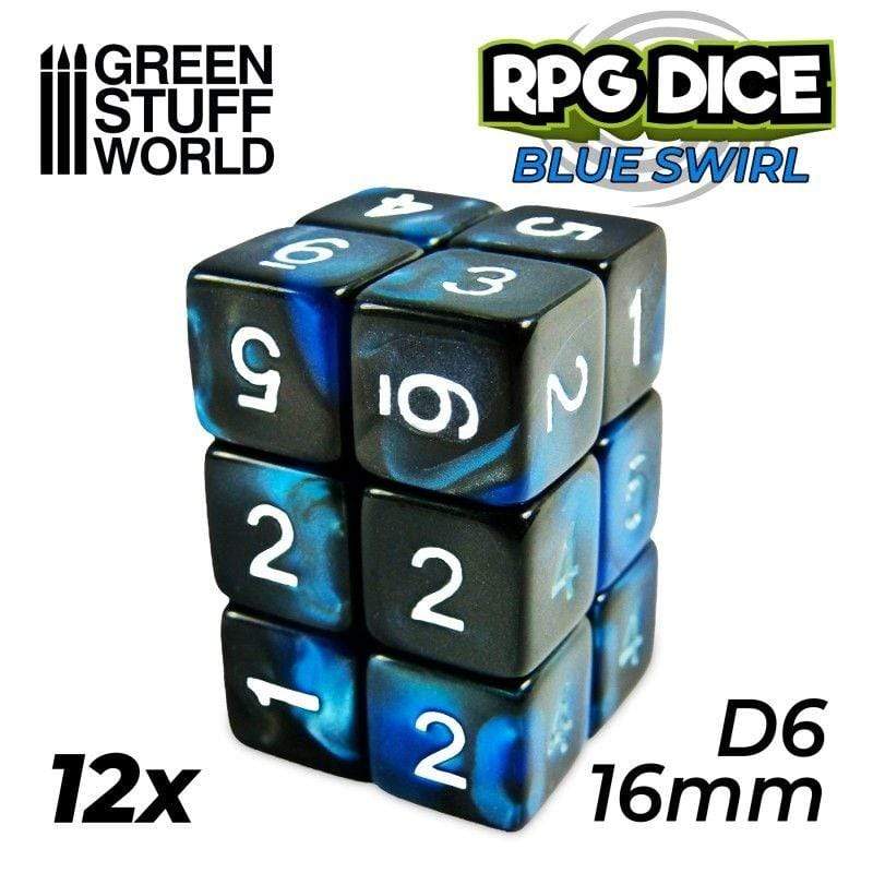Greenstuff World Dice GSW - Number D6 - 16mm Blue/Black Marble (12pc)