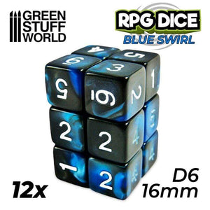 Greenstuff World Dice GSW - Number D6 - 16mm Blue/Black Marble (12pc)