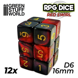 Greenstuff World Dice GSW - Number D6 - 16mm Red/Black Marble (12pc)