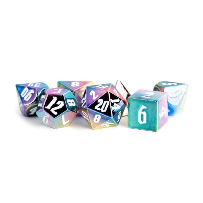 Dice - Aluminum Plated Resin Polyhedrals - Rainbow Aegis w/ White (MDG)