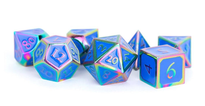 Dice - Metal Polyhedrals - Rainbow/Blue Enamel