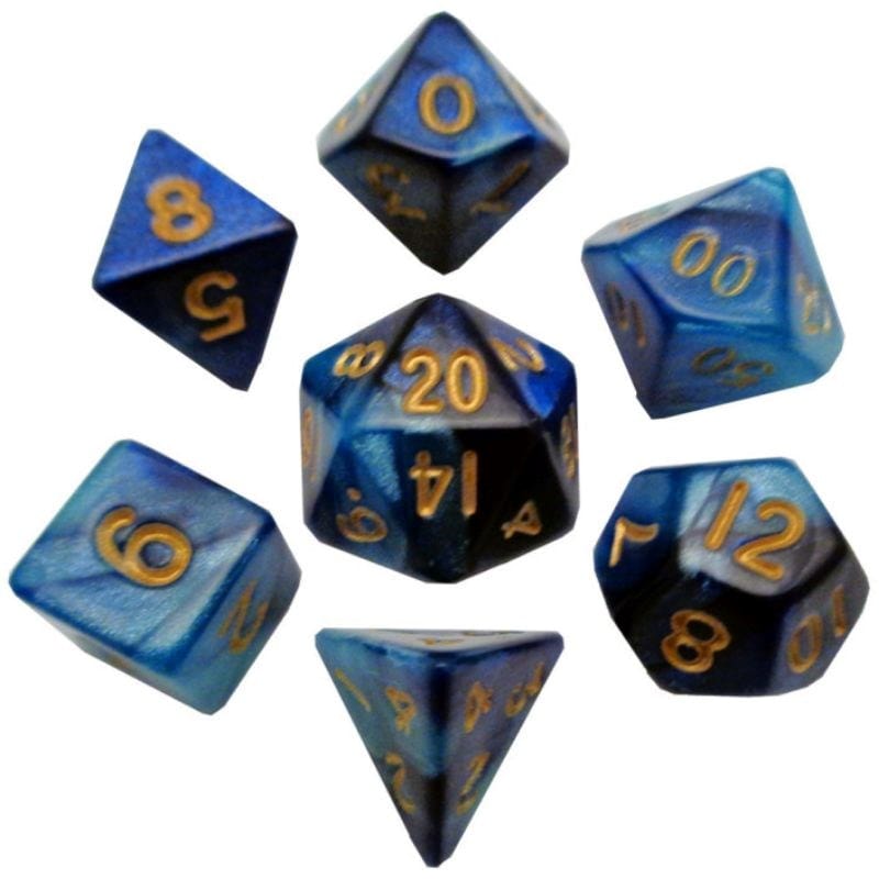Metallic Dice Games Dice Dice - Mini Polyhedrals â Blue/Light Blue with Gold Numbers (MDG)